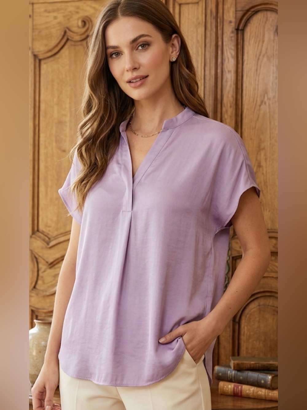 Naked Zebra Lavender Satin V-Neck Cap Sleeve Blouse Top